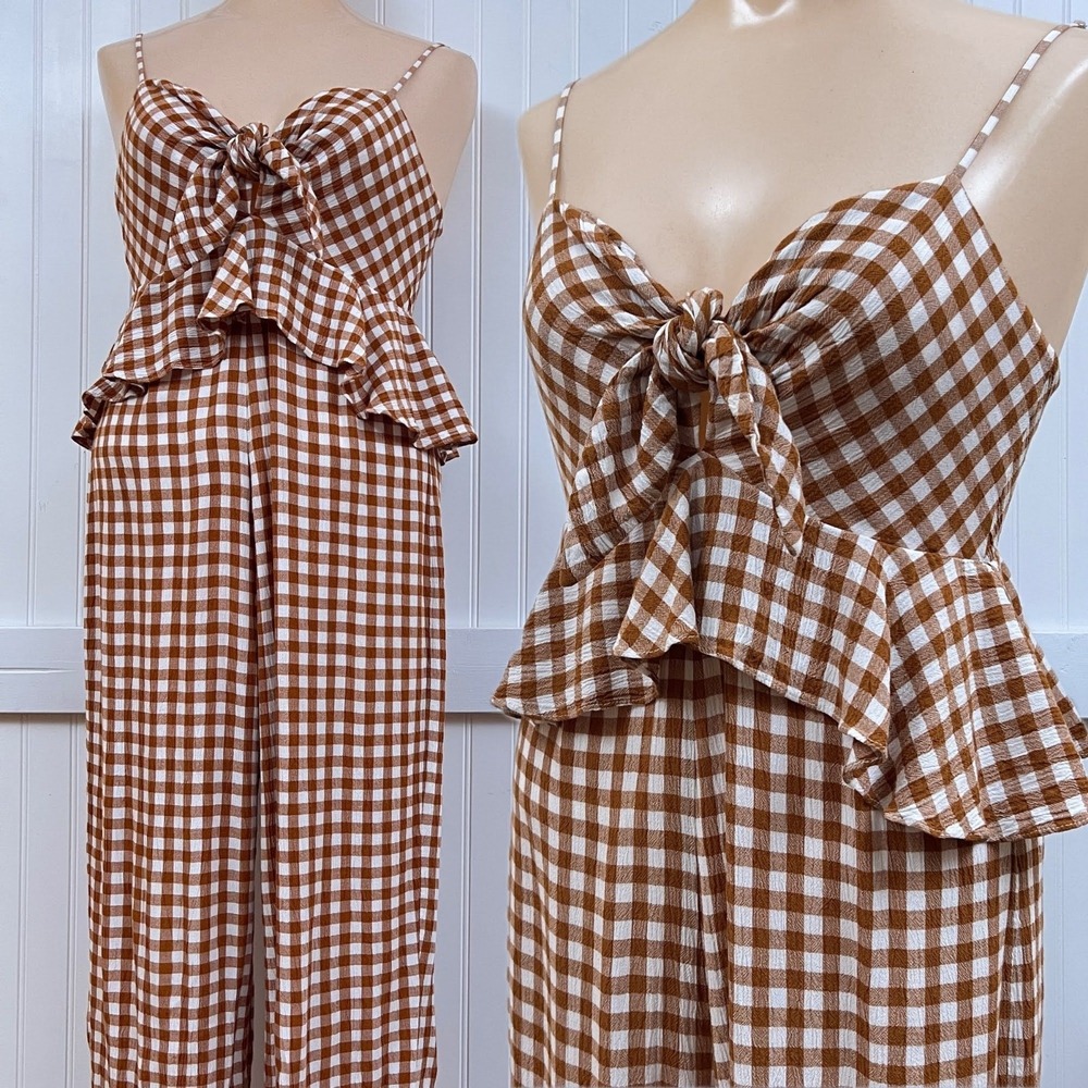SAYLOR Gingham Jumpsuit Coquette Preppy Checkered Ruffle Peplum Tie Front S